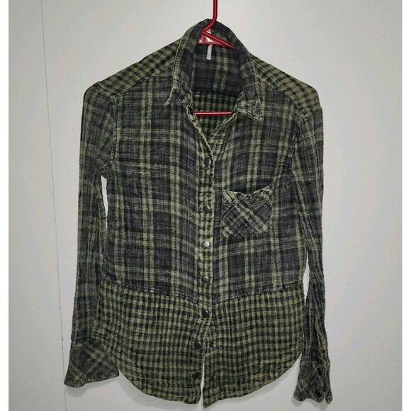 Free People Women’s XS Green Plaid Snap Button Down Shirt Western Grunge Boho - Picture 1 of 12